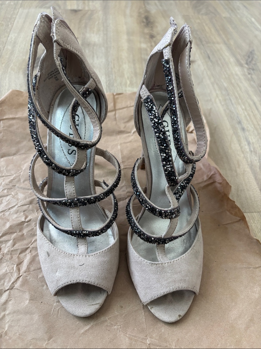 Guess Taupe Suede Peep-Toe Heels with Black Crystal Straps